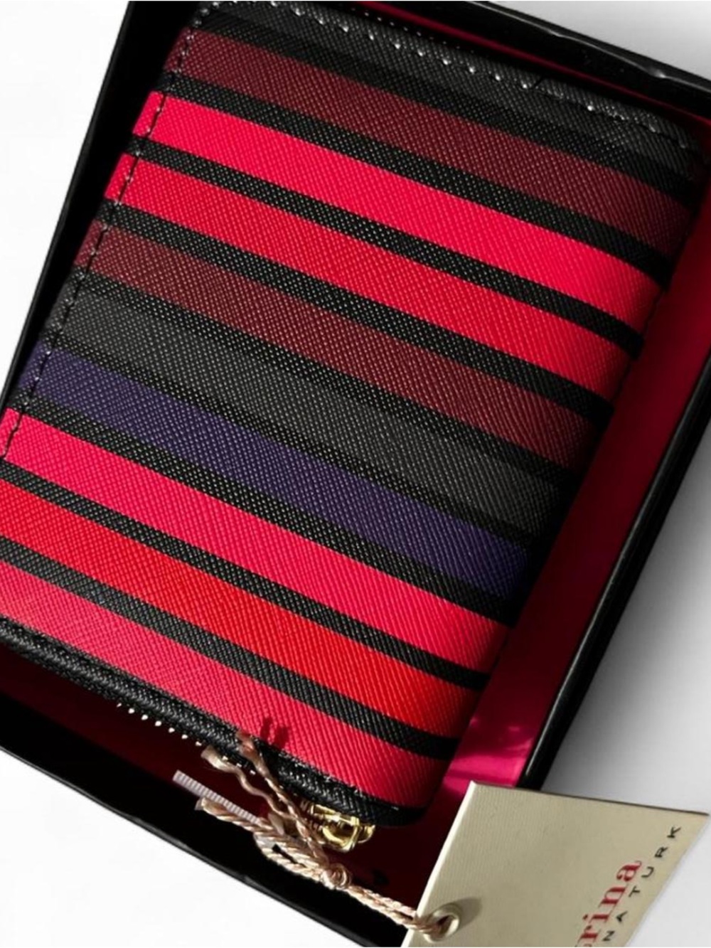 Trina Turk Red Pink Black Purple Striped Zip Wallet